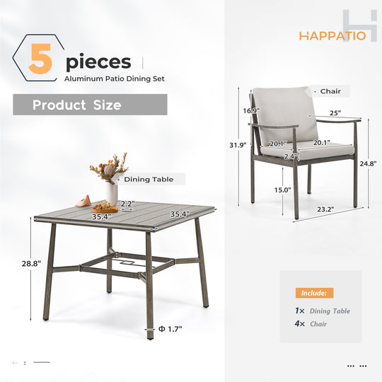 HAPPATIO Patio Outdoor Dining Set, Aluminum Patio Dining Set Includes 1 Outdoor Dining Table with Umbrella Hole and Dining Chairs, Patio Furniture Set for Lawn, Porch, or Backyard