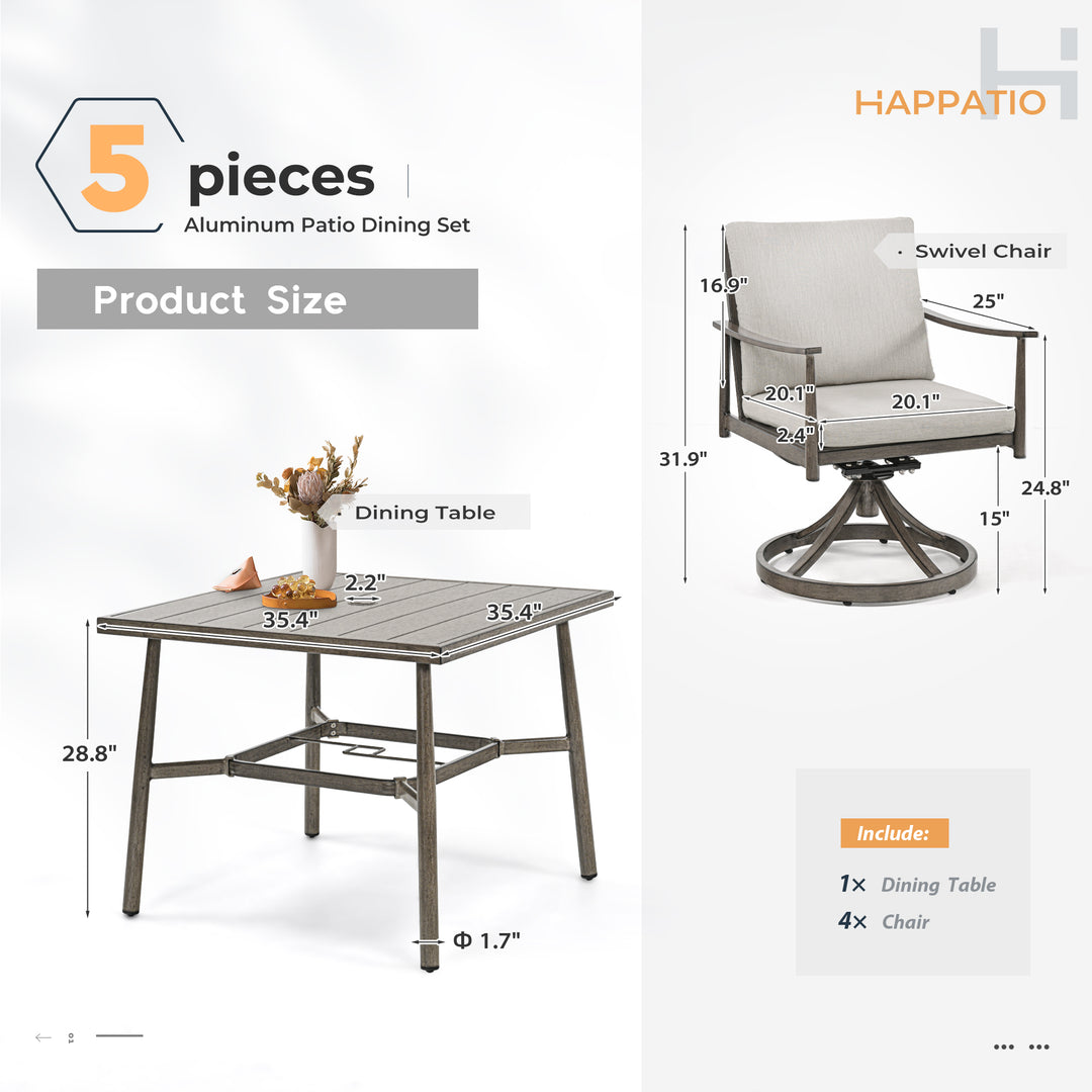HAPPATIO Patio Outdoor Dining Set, Aluminum Patio Dining Set Includes 1 Outdoor Dining Table with Umbrella Hole and Dining Chairs, Patio Furniture Set for Lawn, Porch, or Backyard