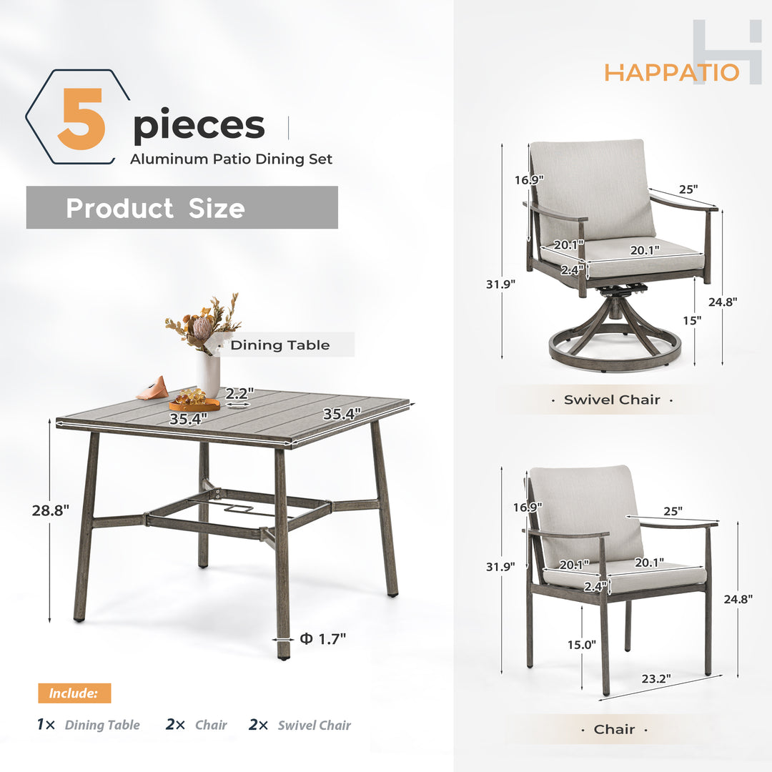 HAPPATIO Patio Outdoor Dining Set, Aluminum Patio Dining Set Includes 1 Outdoor Dining Table with Umbrella Hole and Dining Chairs, Patio Furniture Set for Lawn, Porch, or Backyard