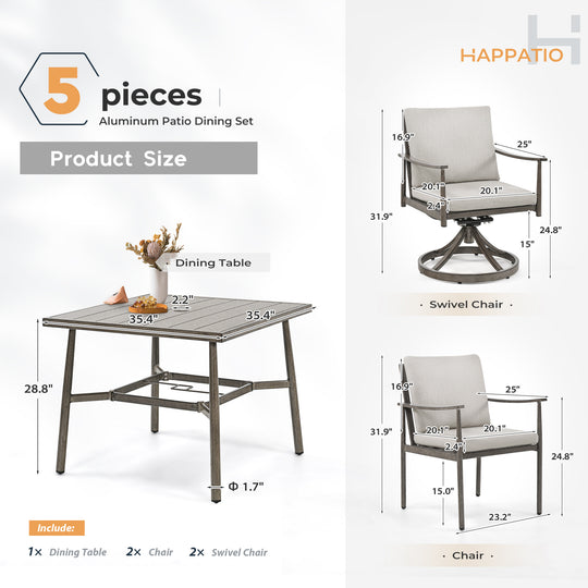HAPPATIO Patio Outdoor Dining Set, Aluminum Patio Dining Set Includes 1 Outdoor Dining Table with Umbrella Hole and Dining Chairs, Patio Furniture Set for Lawn, Porch, or Backyard