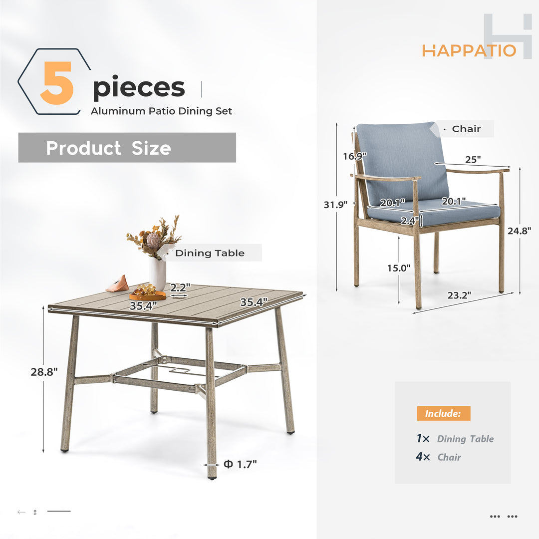 HAPPATIO Patio Outdoor Dining Set, Aluminum Patio Dining Set Includes 1 Outdoor Dining Table with Umbrella Hole and Dining Chairs, Patio Furniture Set for Lawn, Porch, or Backyard