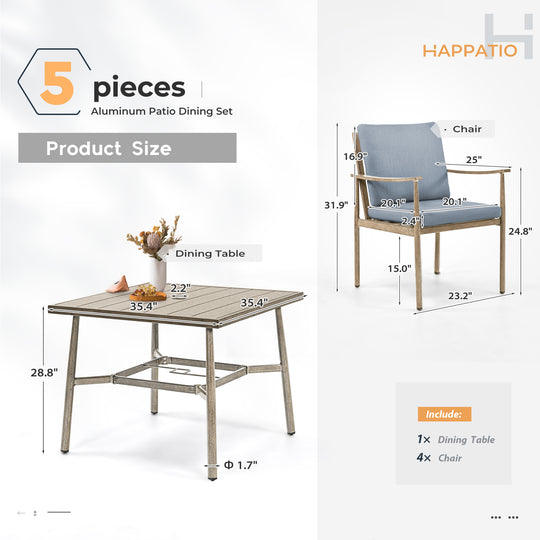 HAPPATIO Patio Outdoor Dining Set, Aluminum Patio Dining Set Includes 1 Outdoor Dining Table with Umbrella Hole and Dining Chairs, Patio Furniture Set for Lawn, Porch, or Backyard