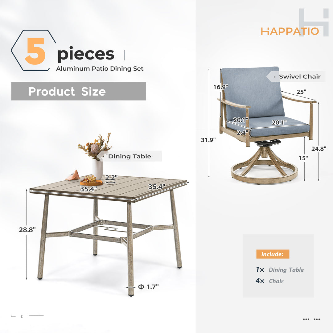 HAPPATIO Patio Outdoor Dining Set, Aluminum Patio Dining Set Includes 1 Outdoor Dining Table with Umbrella Hole and Dining Chairs, Patio Furniture Set for Lawn, Porch, or Backyard