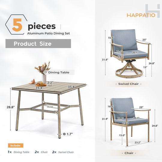 HAPPATIO Patio Outdoor Dining Set, Aluminum Patio Dining Set Includes 1 Outdoor Dining Table with Umbrella Hole and Dining Chairs, Patio Furniture Set for Lawn, Porch, or Backyard