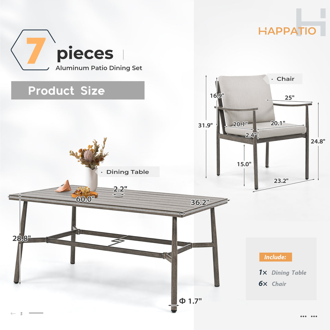 HAPPATIO Patio Outdoor Dining Set, Aluminum Patio Dining Set Includes 1 Outdoor Dining Table with Umbrella Hole and Dining Chairs, Patio Furniture Set for Lawn, Porch, or Backyard