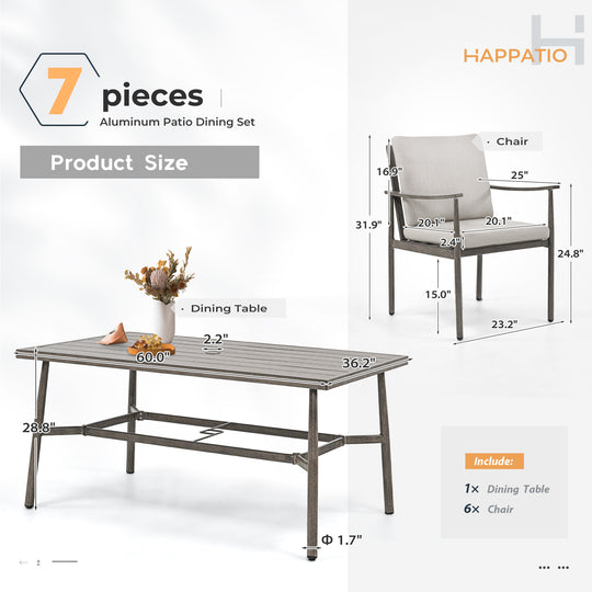 HAPPATIO Patio Outdoor Dining Set, Aluminum Patio Dining Set Includes 1 Outdoor Dining Table with Umbrella Hole and Dining Chairs, Patio Furniture Set for Lawn, Porch, or Backyard