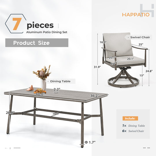 HAPPATIO Patio Outdoor Dining Set, Aluminum Patio Dining Set Includes 1 Outdoor Dining Table with Umbrella Hole and Dining Chairs, Patio Furniture Set for Lawn, Porch, or Backyard