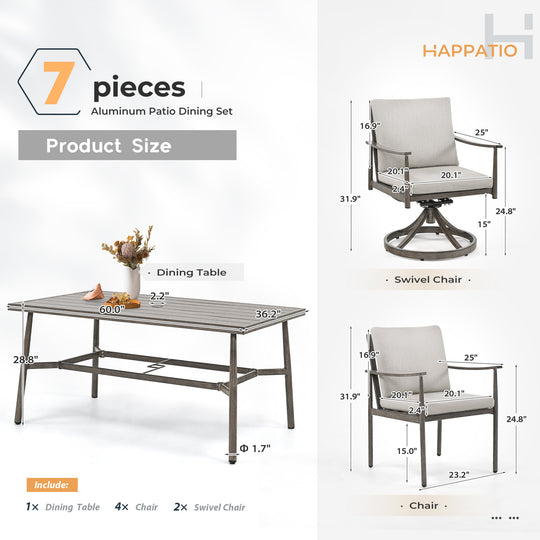 HAPPATIO Patio Outdoor Dining Set, Aluminum Patio Dining Set Includes 1 Outdoor Dining Table with Umbrella Hole and Dining Chairs, Patio Furniture Set for Lawn, Porch, or Backyard