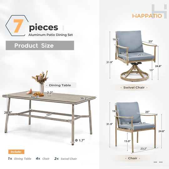 HAPPATIO Patio Outdoor Dining Set, Aluminum Patio Dining Set Includes 1 Outdoor Dining Table with Umbrella Hole and Dining Chairs, Patio Furniture Set for Lawn, Porch, or Backyard