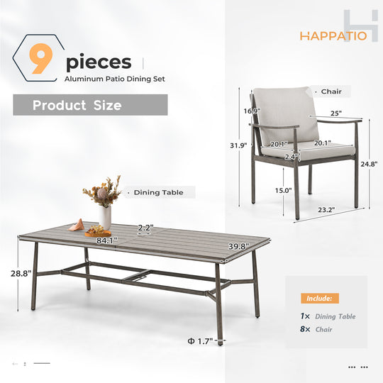 HAPPATIO Patio Outdoor Dining Set, Aluminum Patio Dining Set Includes 1 Outdoor Dining Table with Umbrella Hole and Dining Chairs, Patio Furniture Set for Lawn, Porch, or Backyard