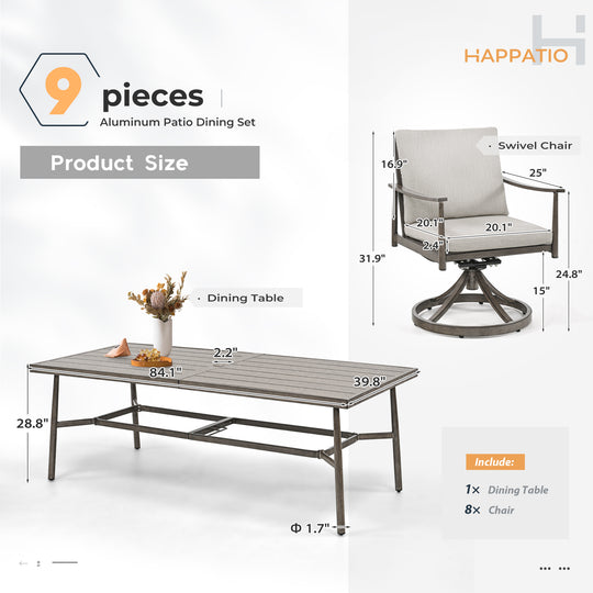 HAPPATIO Patio Outdoor Dining Set, Aluminum Patio Dining Set Includes 1 Outdoor Dining Table with Umbrella Hole and Dining Chairs, Patio Furniture Set for Lawn, Porch, or Backyard