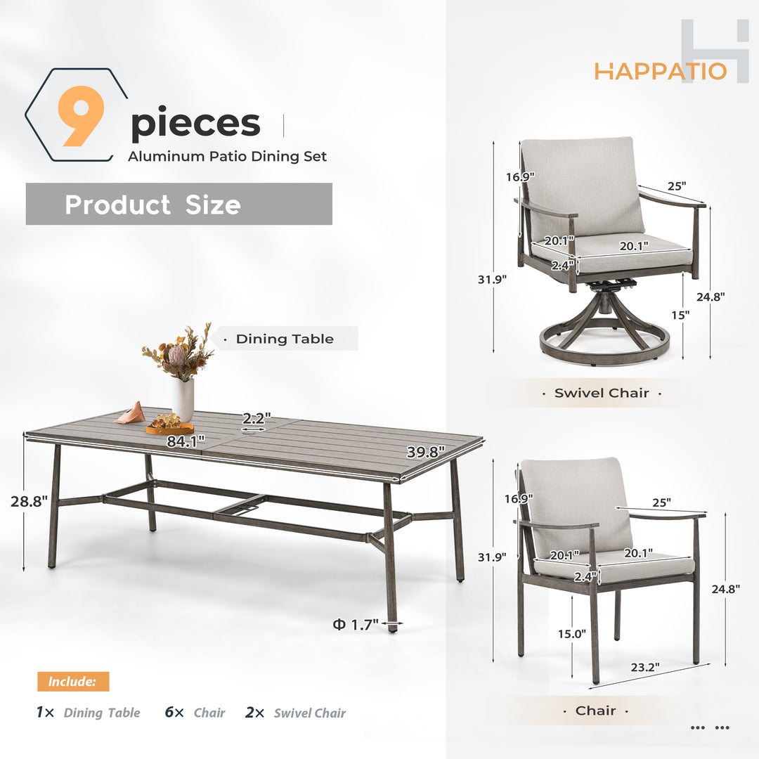 HAPPATIO Patio Outdoor Dining Set, Aluminum Patio Dining Set Includes 1 Outdoor Dining Table with Umbrella Hole and Dining Chairs, Patio Furniture Set for Lawn, Porch, or Backyard