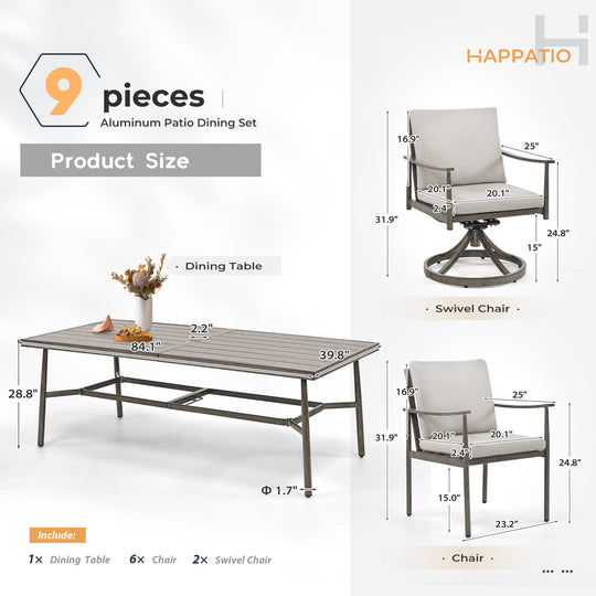 HAPPATIO Patio Outdoor Dining Set, Aluminum Patio Dining Set Includes 1 Outdoor Dining Table with Umbrella Hole and Dining Chairs, Patio Furniture Set for Lawn, Porch, or Backyard