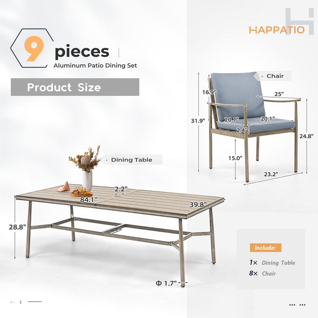 HAPPATIO Patio Outdoor Dining Set, Aluminum Patio Dining Set Includes 1 Outdoor Dining Table with Umbrella Hole and Dining Chairs, Patio Furniture Set for Lawn, Porch, or Backyard