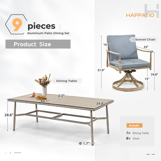 HAPPATIO Patio Outdoor Dining Set, Aluminum Patio Dining Set Includes 1 Outdoor Dining Table with Umbrella Hole and Dining Chairs, Patio Furniture Set for Lawn, Porch, or Backyard