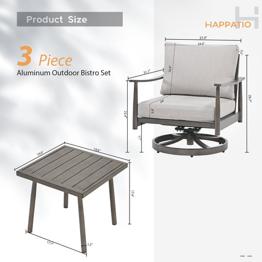 HAPPATIO Patio Bistro Set Outdoor - 3 Pieces Patio Aluminum Conversation Furniture Set, 2 Swivel Chairs with Backrest Rope Design and 1 Side Table for Garden, Pool, and Lawn