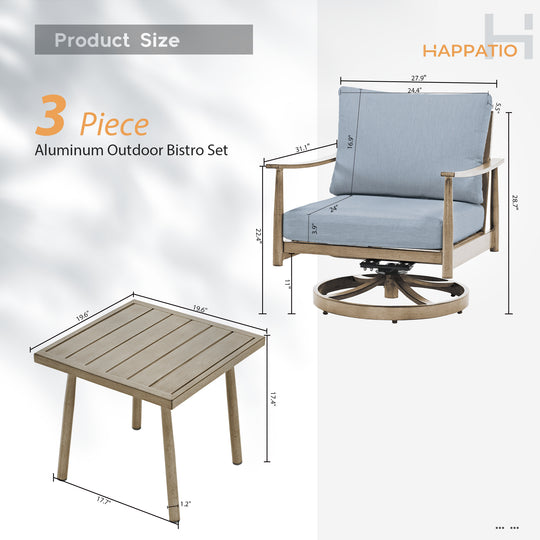 HAPPATIO Patio Bistro Set Outdoor - 3 Pieces Patio Aluminum Conversation Furniture Set, 2 Swivel Chairs with Backrest Rope Design and 1 Side Table for Garden, Pool, and Lawn
