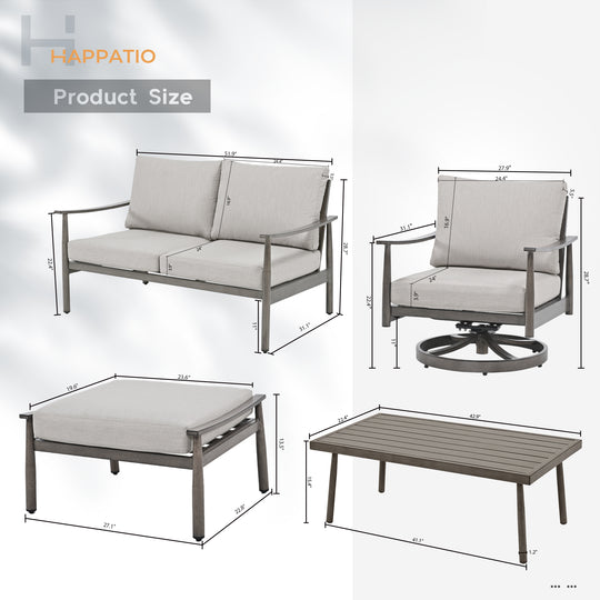 HAPPATIO Patio Outdoor Furniture Set - 6 Pieces Aluminum Outdoor Conversation Set with 1 Cushioned Loveseat, 1 Coffee Table, 2 Swivel Chairs, and 2 Ottomans for Yard, Porch, and Deck