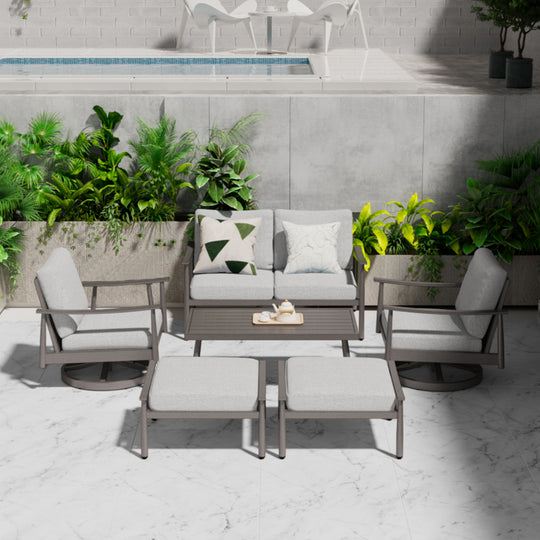 HAPPATIO Patio Outdoor Furniture Set - 6 Pieces Aluminum Outdoor Conversation Set with 1 Cushioned Loveseat, 1 Coffee Table, 2 Swivel Chairs, and 2 Ottomans for Yard, Porch, and Deck