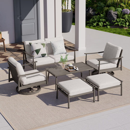 HAPPATIO Patio Outdoor Furniture Set - 6 Pieces Aluminum Outdoor Conversation Set with 1 Cushioned Loveseat, 1 Coffee Table, 2 Swivel Chairs, and 2 Ottomans for Yard, Porch, and Deck