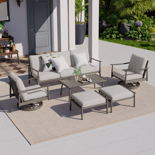 HAPPATIO Patio Outdoor Furniture Set - 6 Pieces Aluminum Outdoor Conversation Set with 1 Three-Seater Sofa, 1 Coffee Table, 2 Swivel Chairs, and 2 Ottomans for Yard, Porch, and Deck