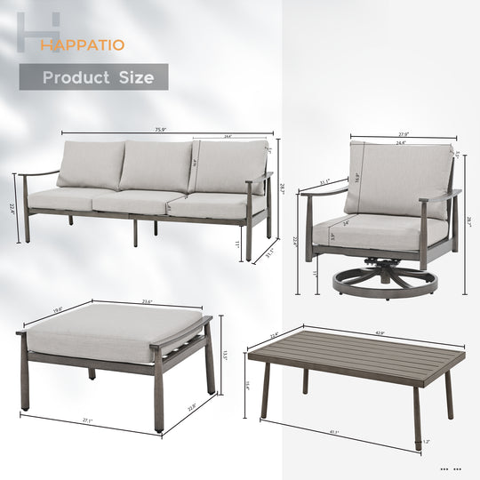 HAPPATIO Patio Outdoor Furniture Set - 6 Pieces Aluminum Outdoor Conversation Set with 1 Three-Seater Sofa, 1 Coffee Table, 2 Swivel Chairs, and 2 Ottomans for Yard, Porch, and Deck