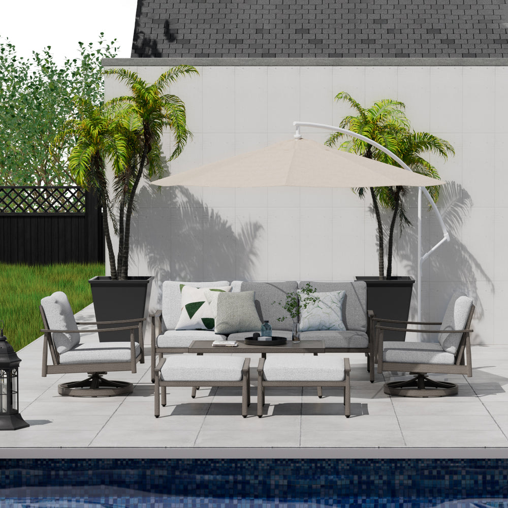 HAPPATIO Patio Outdoor Furniture Set - 6 Pieces Aluminum Outdoor Conversation Set with 1 Three-Seater Sofa, 1 Coffee Table, 2 Swivel Chairs, and 2 Ottomans for Yard, Porch, and Deck