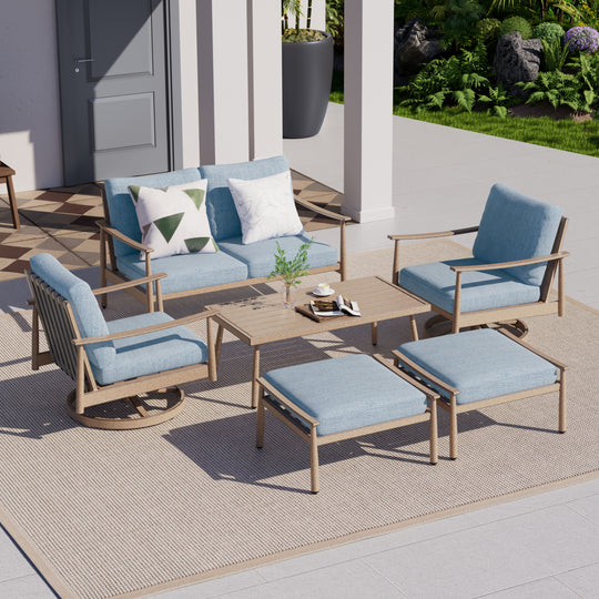 HAPPATIO Patio Outdoor Furniture Set - 6 Pieces Aluminum Outdoor Conversation Set with 1 Cushioned Loveseat, 1 Coffee Table, 2 Swivel Chairs, and 2 Ottomans for Yard, Porch, and Deck