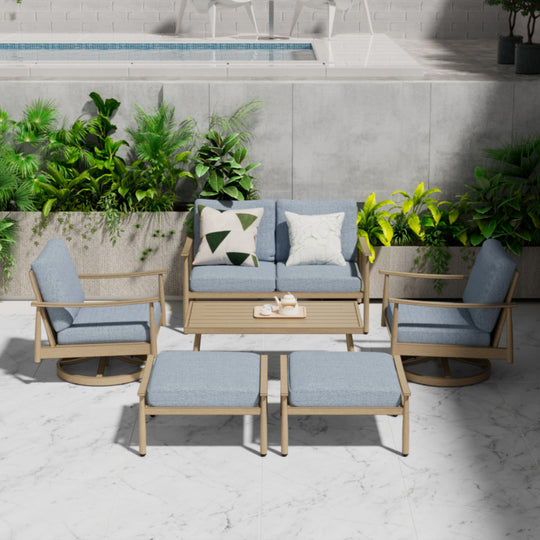 HAPPATIO Patio Outdoor Furniture Set - 6 Pieces Aluminum Outdoor Conversation Set with 1 Cushioned Loveseat, 1 Coffee Table, 2 Swivel Chairs, and 2 Ottomans for Yard, Porch, and Deck