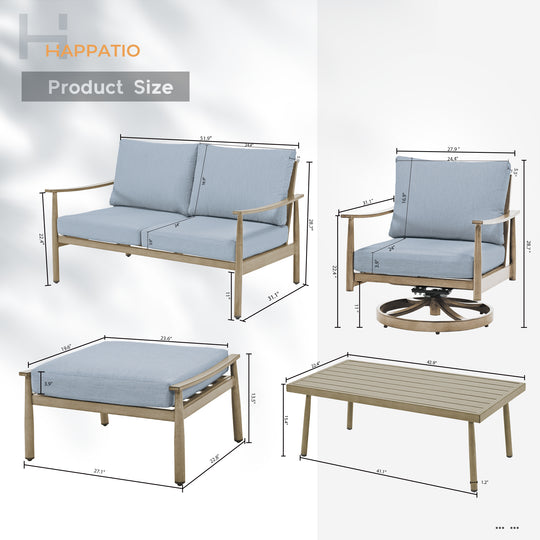 HAPPATIO Patio Outdoor Furniture Set - 6 Pieces Aluminum Outdoor Conversation Set with 1 Cushioned Loveseat, 1 Coffee Table, 2 Swivel Chairs, and 2 Ottomans for Yard, Porch, and Deck