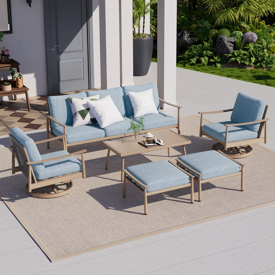 HAPPATIO Patio Outdoor Furniture Set - 6 Pieces Aluminum Outdoor Conversation Set with 1 Three-Seater Sofa, 1 Coffee Table, 2 Swivel Chairs, and 2 Ottomans for Yard, Porch, and Deck