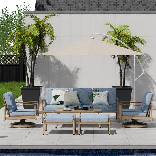 HAPPATIO Patio Outdoor Furniture Set - 6 Pieces Aluminum Outdoor Conversation Set with 1 Three-Seater Sofa, 1 Coffee Table, 2 Swivel Chairs, and 2 Ottomans for Yard, Porch, and Deck