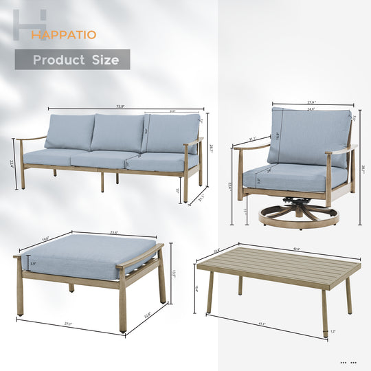 HAPPATIO Patio Outdoor Furniture Set - 6 Pieces Aluminum Outdoor Conversation Set with 1 Three-Seater Sofa, 1 Coffee Table, 2 Swivel Chairs, and 2 Ottomans for Yard, Porch, and Deck