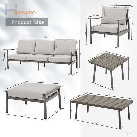 HAPPATIO Patio Outdoor Furniture Set - 7 Pieces Aluminum Outdoor Conversation Set Includes 1 Three-Seater Sofa, 1 Coffee Table, 1 Side Table, 2 Armchairs and 2 Ottomans for Porch Lawn