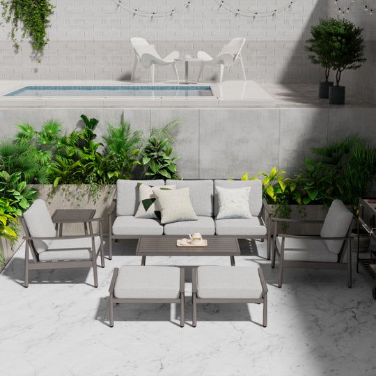 HAPPATIO Patio Outdoor Furniture Set - 7 Pieces Aluminum Outdoor Conversation Set Includes 1 Three-Seater Sofa, 1 Coffee Table, 1 Side Table, 2 Armchairs and 2 Ottomans for Porch Lawn