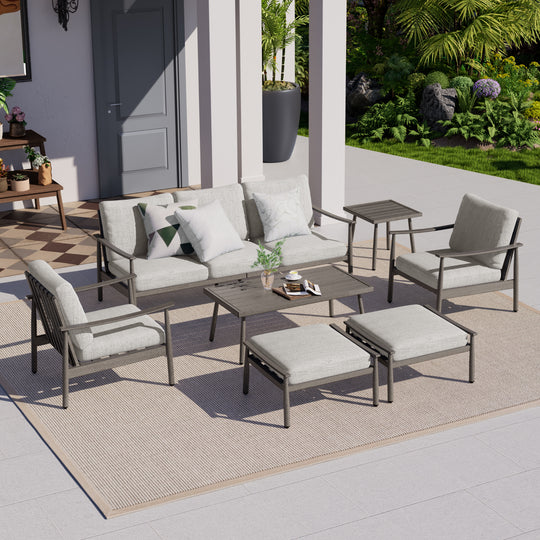 HAPPATIO Patio Outdoor Furniture Set - 7 Pieces Aluminum Outdoor Conversation Set Includes 1 Three-Seater Sofa, 1 Coffee Table, 1 Side Table, 2 Armchairs and 2 Ottomans for Porch Lawn