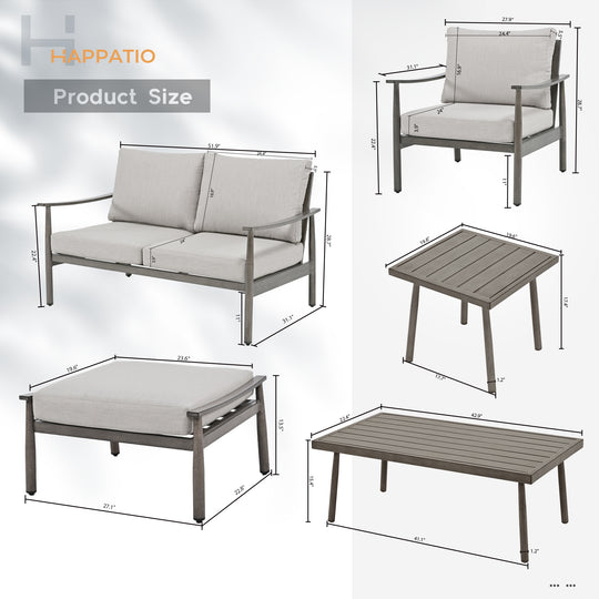 HAPPATIO Patio Outdoor Furniture Set - 7 Pieces Aluminum Outdoor Conversation Set Includes 1 Loveseat, 1 Coffee Table, 1 Side Table, 2 Armchairs, and 2 Ottomans for Porch, Lawn