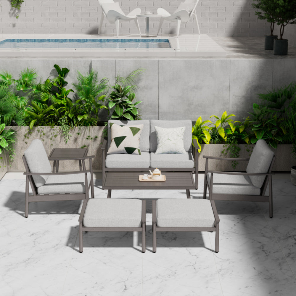 HAPPATIO Patio Outdoor Furniture Set - 7 Pieces Aluminum Outdoor Conversation Set Includes 1 Loveseat, 1 Coffee Table, 1 Side Table, 2 Armchairs, and 2 Ottomans for Porch, Lawn