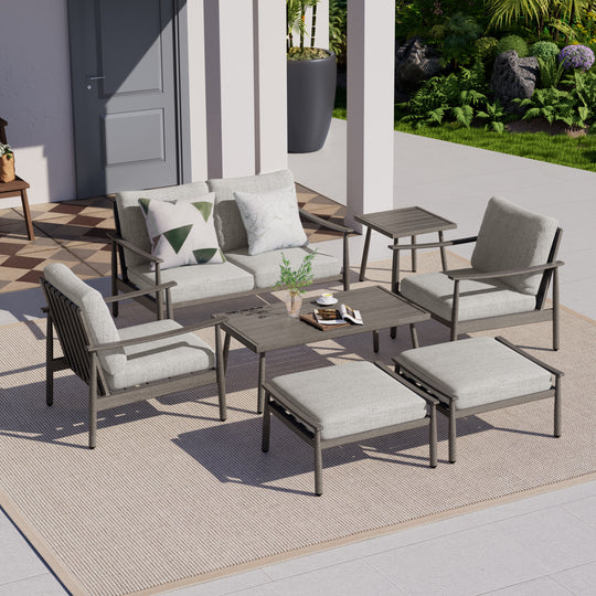 HAPPATIO Patio Outdoor Furniture Set - 7 Pieces Aluminum Outdoor Conversation Set Includes 1 Loveseat, 1 Coffee Table, 1 Side Table, 2 Armchairs, and 2 Ottomans for Porch, Lawn