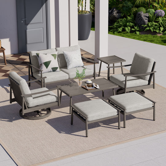 HAPPATIO Patio Outdoor Furniture Set - 7 Pieces Aluminum Outdoor Conversation Set Includes 1 Loveseat, 1 Side Table, 1 Coffee Table, 2 Swivel Chairs, and 2 Ottomans for Porch, Yard, Lawn