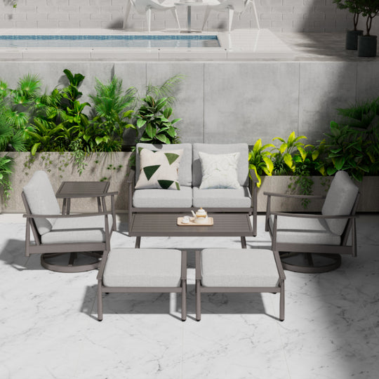 HAPPATIO Patio Outdoor Furniture Set - 7 Pieces Aluminum Outdoor Conversation Set Includes 1 Loveseat, 1 Side Table, 1 Coffee Table, 2 Swivel Chairs, and 2 Ottomans for Porch, Yard, Lawn