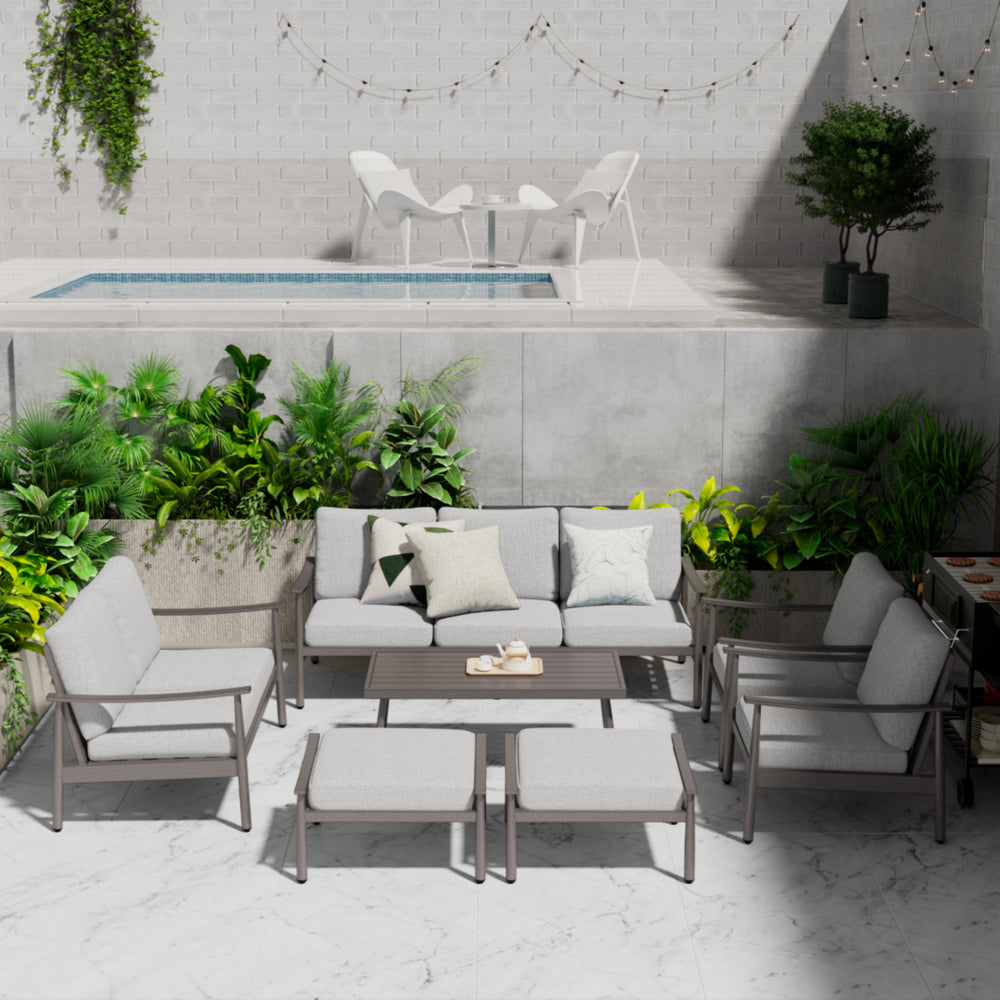 HAPPATIO Patio Outdoor Furniture Set - 7 Pieces Aluminum Outdoor Conversation Set Includes 1 Three-Seater Sofa, 1 Coffee Table, 1 Loveseat, 2 Armchairs and 2 Ottomans for Porch, Yard, Lawn