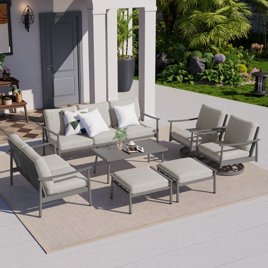 HAPPATIO Patio Outdoor Furniture Set - 7 Pieces Aluminum Outdoor Conversation Set Includes 1 Three-Seater Sofa, 1 Loveseat, 1 Coffee Table, 2 Swivel Chairs and 2 Ottomans for Porch, Lawn