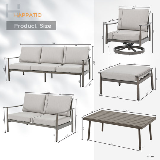 HAPPATIO Patio Outdoor Furniture Set - 7 Pieces Aluminum Outdoor Conversation Set Includes 1 Three-Seater Sofa, 1 Loveseat, 1 Coffee Table, 2 Swivel Chairs and 2 Ottomans for Porch, Lawn