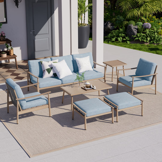 HAPPATIO Patio Outdoor Furniture Set - 7 Pieces Aluminum Outdoor Conversation Set Includes 1 Three-Seater Sofa, 1 Coffee Table, 1 Side Table, 2 Armchairs and 2 Ottomans for Porch Lawn