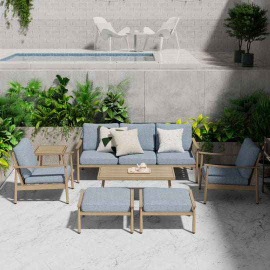 HAPPATIO Patio Outdoor Furniture Set - 7 Pieces Aluminum Outdoor Conversation Set Includes 1 Three-Seater Sofa, 1 Coffee Table, 1 Side Table, 2 Armchairs and 2 Ottomans for Porch Lawn