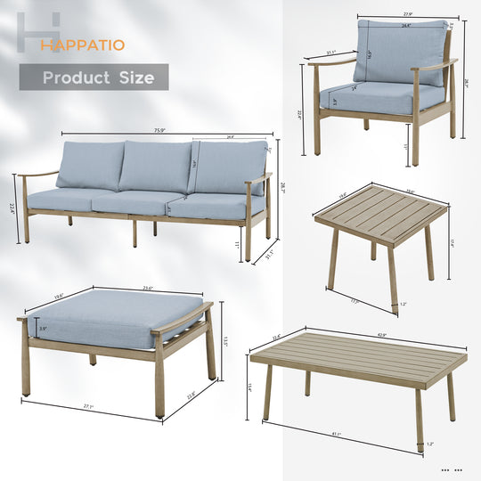HAPPATIO Patio Outdoor Furniture Set - 7 Pieces Aluminum Outdoor Conversation Set Includes 1 Three-Seater Sofa, 1 Coffee Table, 1 Side Table, 2 Armchairs and 2 Ottomans for Porch Lawn