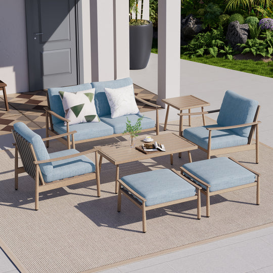 HAPPATIO Patio Outdoor Furniture Set - 7 Pieces Aluminum Outdoor Conversation Set Includes 1 Loveseat, 1 Coffee Table, 1 Side Table, 2 Armchairs, and 2 Ottomans for Porch, Lawn