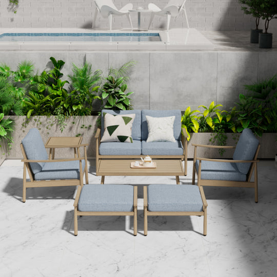 HAPPATIO Patio Outdoor Furniture Set - 7 Pieces Aluminum Outdoor Conversation Set Includes 1 Loveseat, 1 Coffee Table, 1 Side Table, 2 Armchairs, and 2 Ottomans for Porch, Lawn