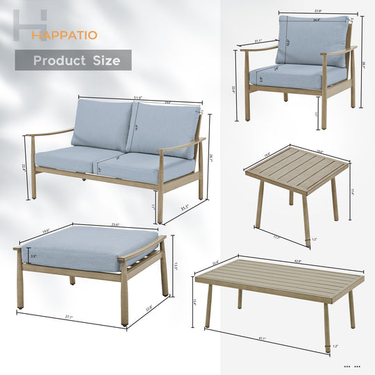 HAPPATIO Patio Outdoor Furniture Set - 7 Pieces Aluminum Outdoor Conversation Set Includes 1 Loveseat, 1 Coffee Table, 1 Side Table, 2 Armchairs, and 2 Ottomans for Porch, Lawn